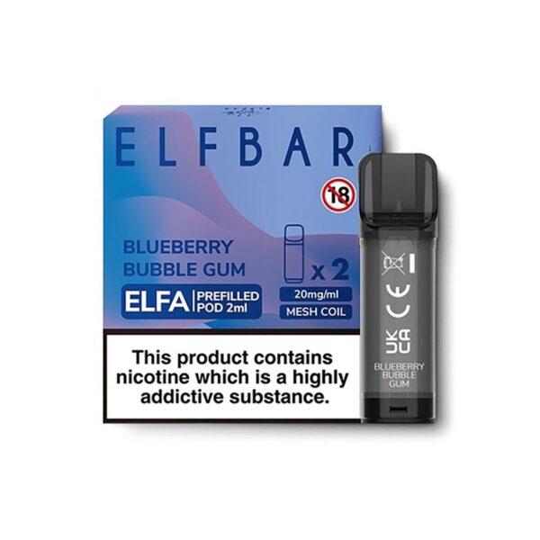 Uygun fiyatlı Elfa Blueberry Bubble Gum pod kartuş, 4ml kapasite ve salt nikotin ile yaban mersini-sakız aroması sunar.