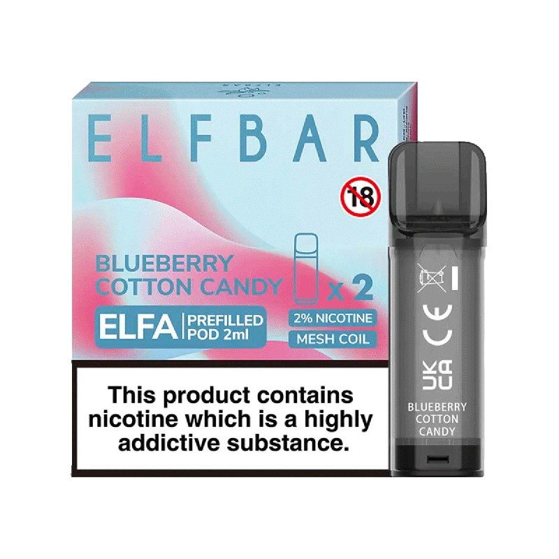 Elf Bar Elfa Blueberry Cotton Candy Pod Kartuş 4ml Uygun fiyatıyla yaban mersini ve pamuk şekeri aromalı 4ml salt nikotin keyfi sunan yenilenebilir kartuş.