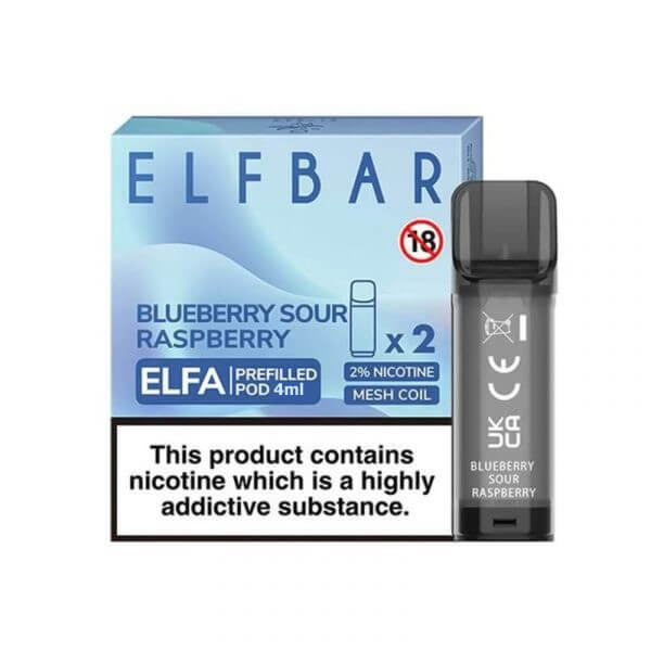 Uygun fiyatlı salt nikotin ile 4ml yaban mersini ve ekşi ahududu aroması sunan Elf Bar Elfa pod kartuş.