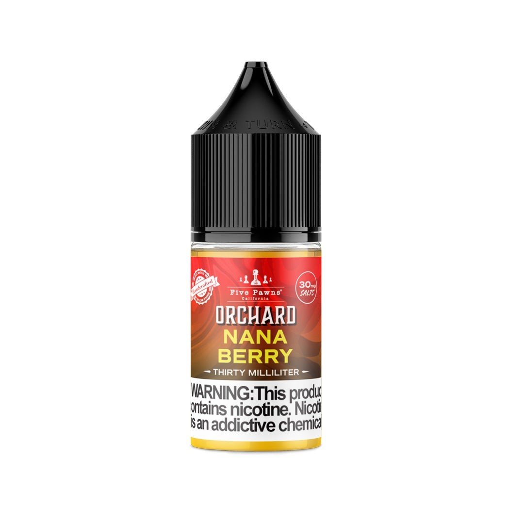 Five Pawns Nana Berry Salt Likit Uygun fiyatlı Five Pawns Orchard Blends Nana Berry salt nikotin likit, olgun muz ve orman meyvelerinin dengeli aromasını sunar.
