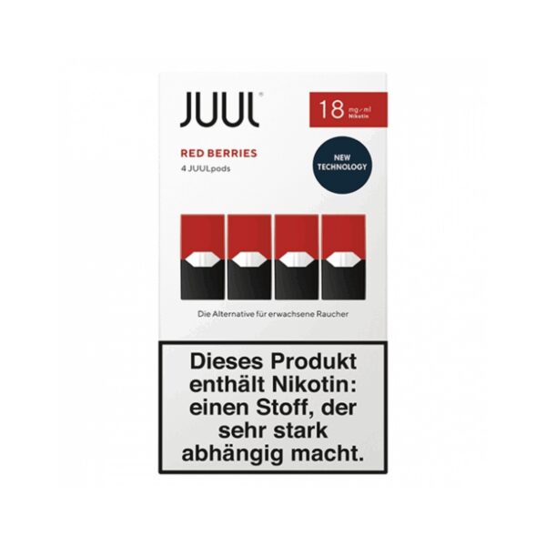Uygun fiyatlı Juul Red Berries kartuş, taze kırmızı meyve lezzeti ve yüksek salt nikotin sunar.