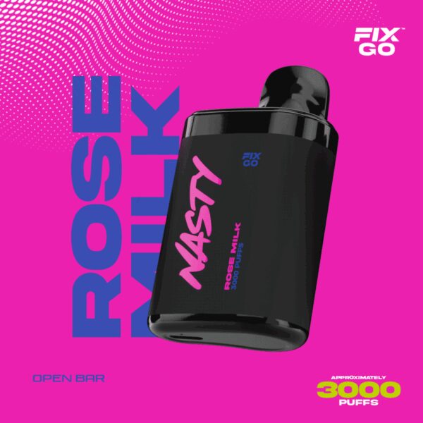 Nasty Fix Go 3000 Rose Milk kullan-at vape bar, gül ve süt aromasını uygun fiyatla sunan 3000 pufluk salt nikotin barıdır.