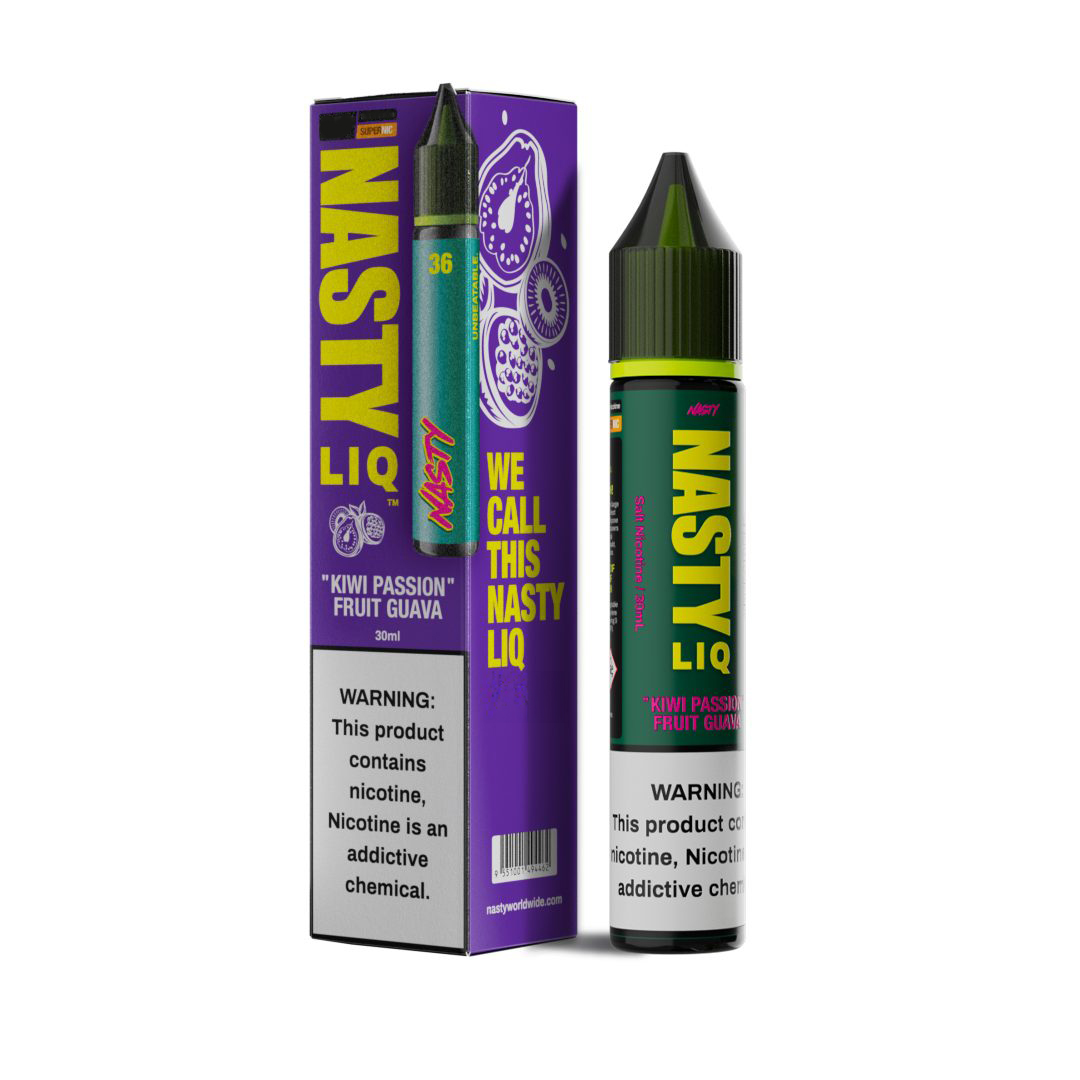 Nasty Liq Kiwi Passion Fruit Guava Likit Uygun fiyatlı salt nikotin likiti ile egzotik kivi, çarkıfelek ve guava karışımını deneyimleyin.
