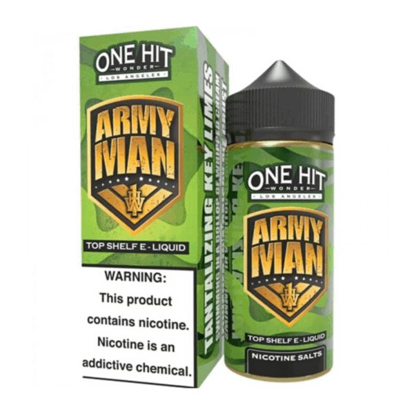 One Hit Wonder Army Man 100ml e-likit, taze yeşil elma ve nane aromasıyla ferahlatıcı bir içim ve uygun fiyat sunar.