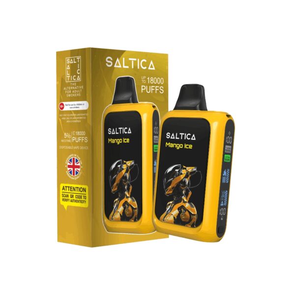 Uygun fiyatlı Saltica Cyber 18000 Mango Ice, taze mango ve buz lezzetiyle salt nikotin sunan uzun ömürlü bir kullan-at vape bar.