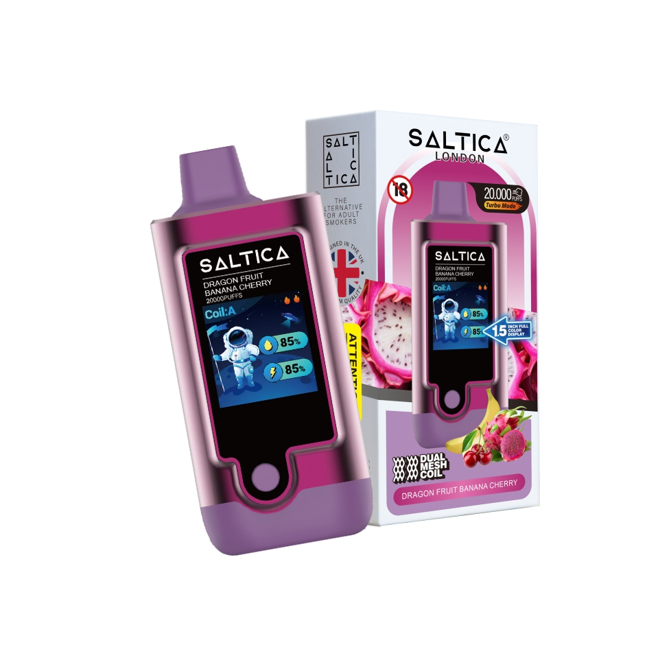 Saltica Digital 20000 Dragon Fruit Banana Cherry Ejderha meyvesi, muz ve kiraz aromalı 20.000 puf kapasiteli bu kullan-at vape bar, uygun fiyatıyla yüksek salt nikotin keyfi sunar.