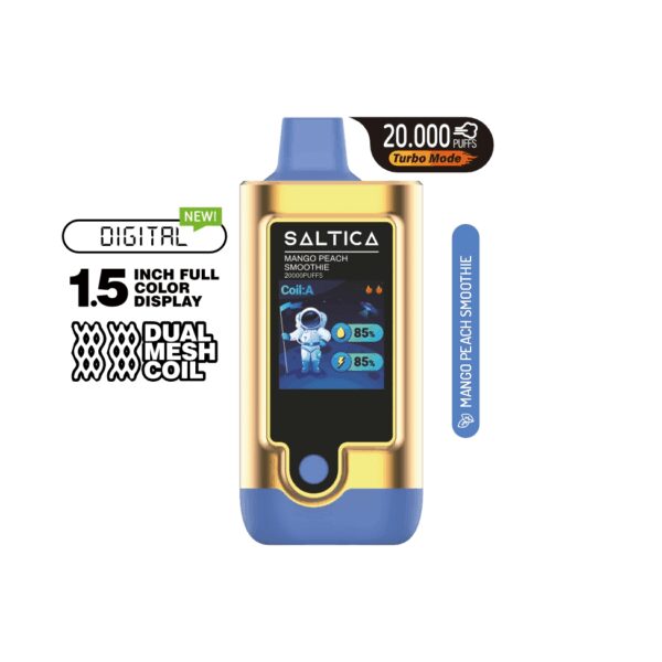 Uygun fiyatıyla 20.000 puf sunan Saltica Digital Mango Peach Smoothie salt nikotin vape bar.