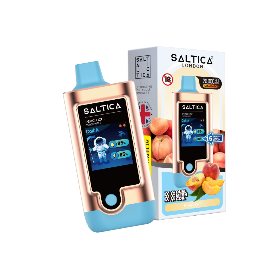 Saltica Digital 20000 Peach Ice Uygun fiyatlı Saltica Digital 20000 Peach Ice, uzun süreli kullanım için şeftali buzlu salt nikotin sunar.