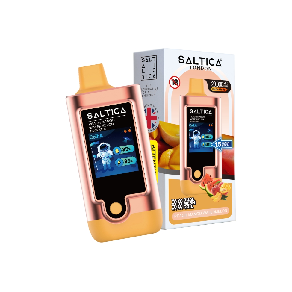Saltica Digital 20000 Peach Mango Watermelon Uygun fiyatlı Saltica Digital 20000, şeftali mango karpuz aromalarıyla salt nikotin sunan kullan-at vape bar.
