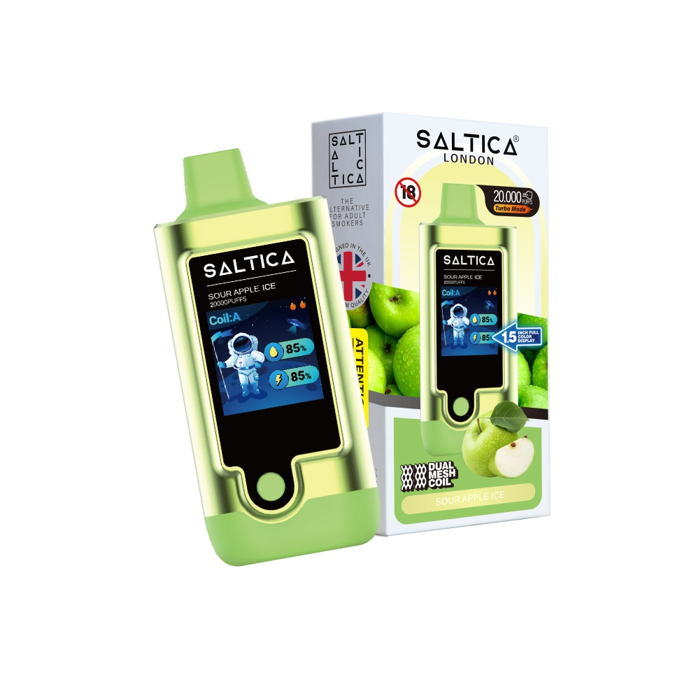 Saltica Digital 20000 Sour Apple Ice Ekşi elma ve buz serinliği sunan 20000 puf kapasiteli bu kullan-at vape bar, salt nikotin ile uygun fiyatlı bir deneyim sağlar.