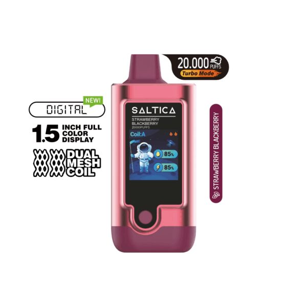Çilek ve böğürtlen aromalı Saltica Digital 20000, salt nikotin ile yüksek kapasite ve uygun fiyat sunar.
