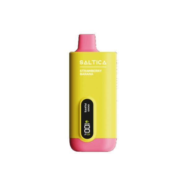 Saltica ekranlı 10000 puf Strawberry Banana vape bar, uygun fiyatıyla uzun ömürlü salt nikotin keyfi sunar.