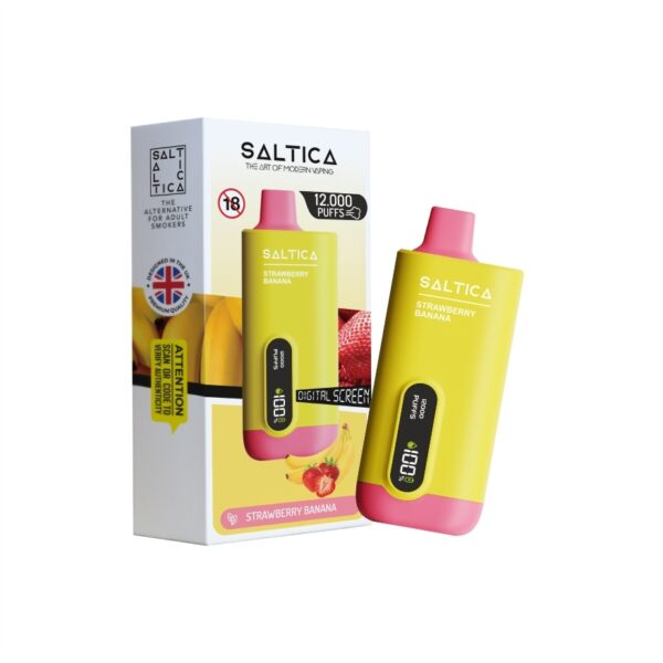 Uygun fiyatlı Saltica Ekranlı 12000 Strawberry Banana kullan at vape bar, çilek ve muz aromalarıyla taze bir içim sunar.