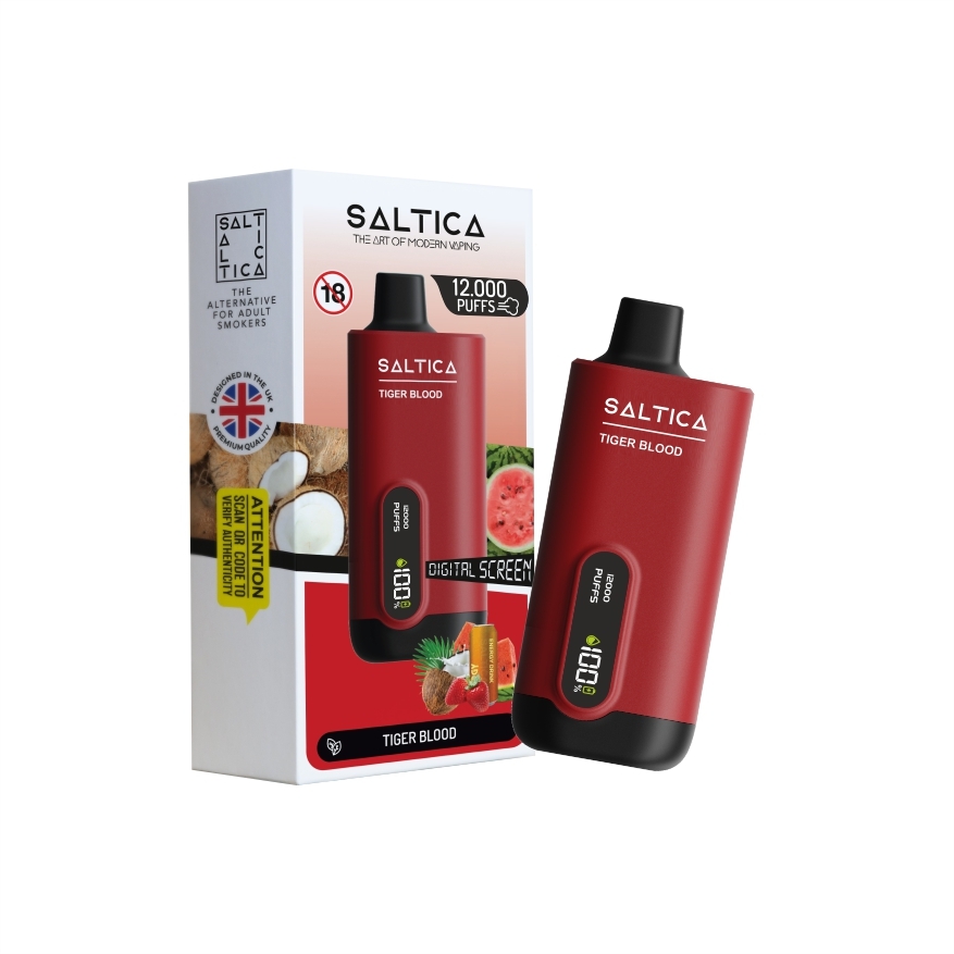 Saltica Ekranlı 12000 Tiger Blood Kullan At Vape Bar Ekranlı tasarımı ve yüksek salt nikotin kapasitesiyle uzun süreli kullanım sunan Saltica 12000 Tiger Blood vape bar uygun fiyatlı.