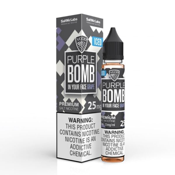 Uygun fiyatlı VGOD Purple Bomb Ice likit, mor meyve karışımı ve buz serinliğiyle yüksek salt nikotin sunar.