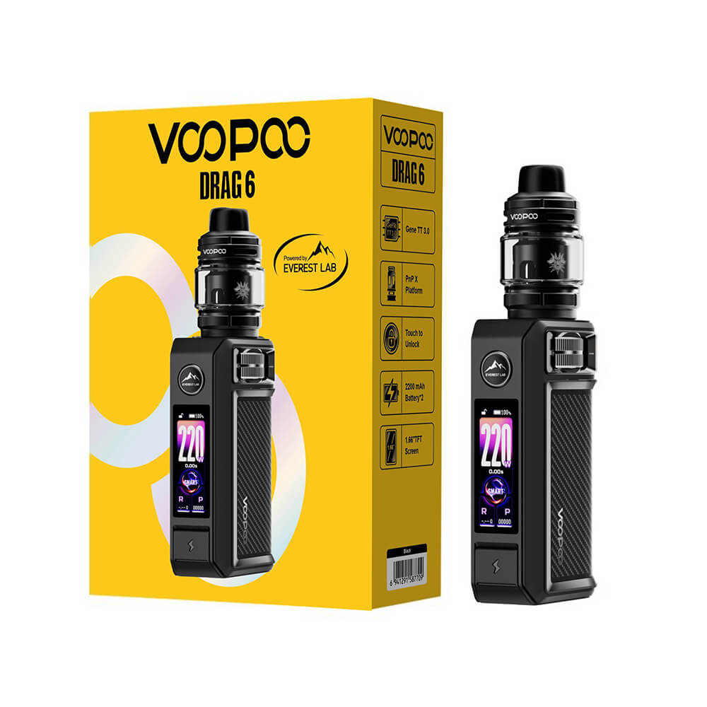 Voopoo Drag 6 Kit 220W - 2 220W güç ve 4400mAh bataryalı Voopoo Drag 6 Kit, uygun fiyatıyla salt nikotin için zengin lezzet sunar.