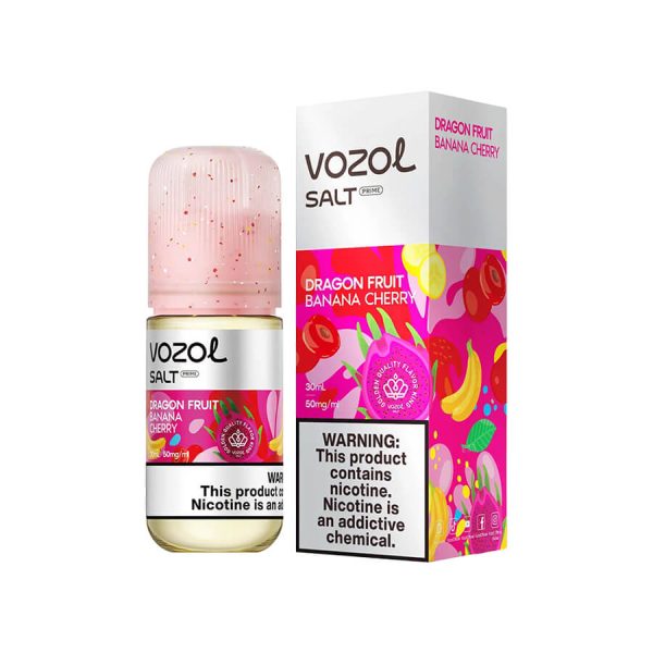 Uygun fiyatlı 30ML Vozol Dragon Fruit Banana Cherry salt nikotin likiti, tropikal ejder meyvesi ve kiraz aromaları sunar.