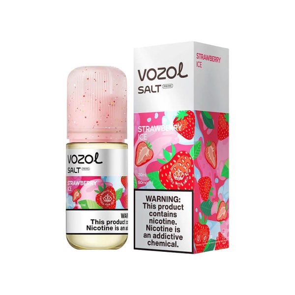 Uygun fiyatlı 30MG ve 50MG salt nikotin seçenekleriyle olgun çilek ve buz ferahlığı sunan Vozol Strawberry Ice likit.