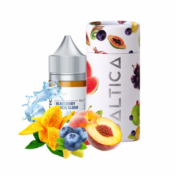 Yaban mersini ve şeftali aromalı ferah slush likiti, 35mg ve 50mg salt nikotin seçenekleriyle uygun fiyatlı lezzet sunar.