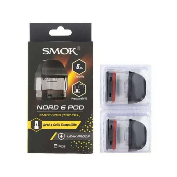 Smok Nord 6 kartuş, RPM 4 coil uyumlu şeffaf gövdesiyle likit seviyesini gösteren uygun fiyatlı 2'li boş yedek set.