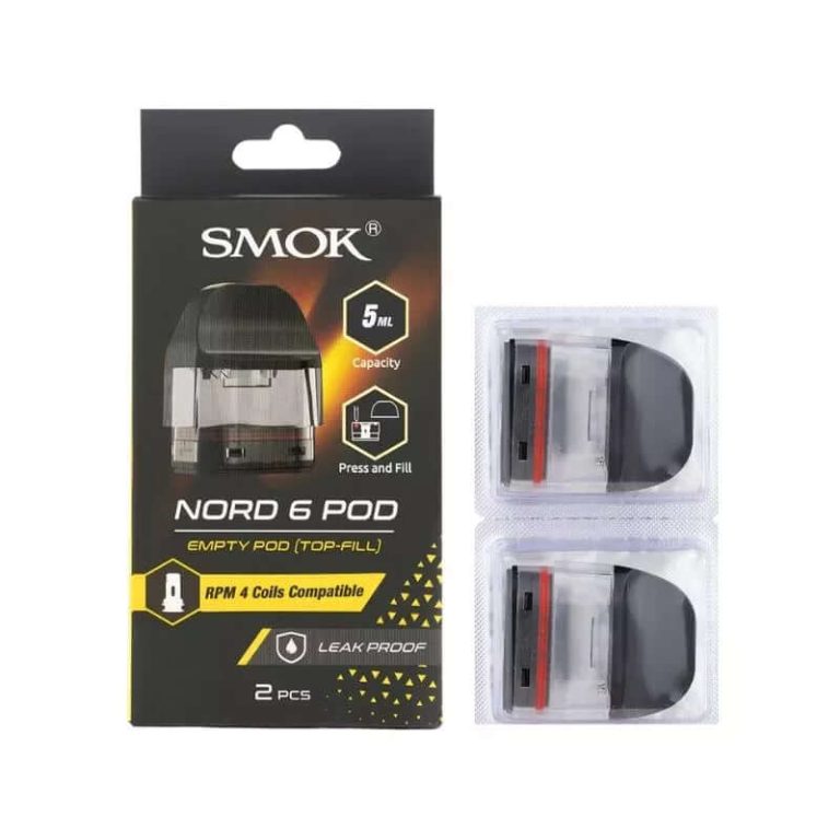 Smok Nord 6 kartuş, RPM 4 coil uyumlu şeffaf gövdesiyle likit seviyesini gösteren uygun fiyatlı 2'li boş yedek set.