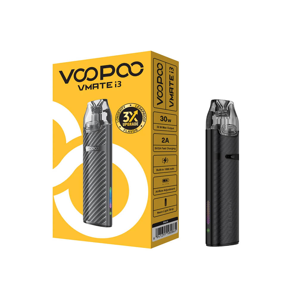 Voopoo Vmate i3 Pod Mod 1500mAh Voopoo Vmate i3 Pod Mod, 1500 mAh pil ve 30W akıllı güç ile uygun fiyata salt nikotin uyumlu yoğun aroma sunar.